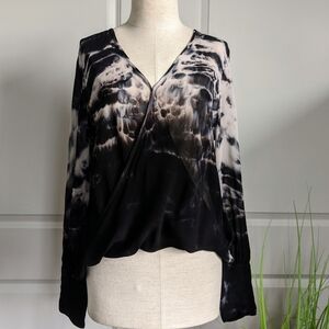 Young Fabulous & Broke Top Faux Wrap Tie Dye Draped Front Black Wash M NWOT